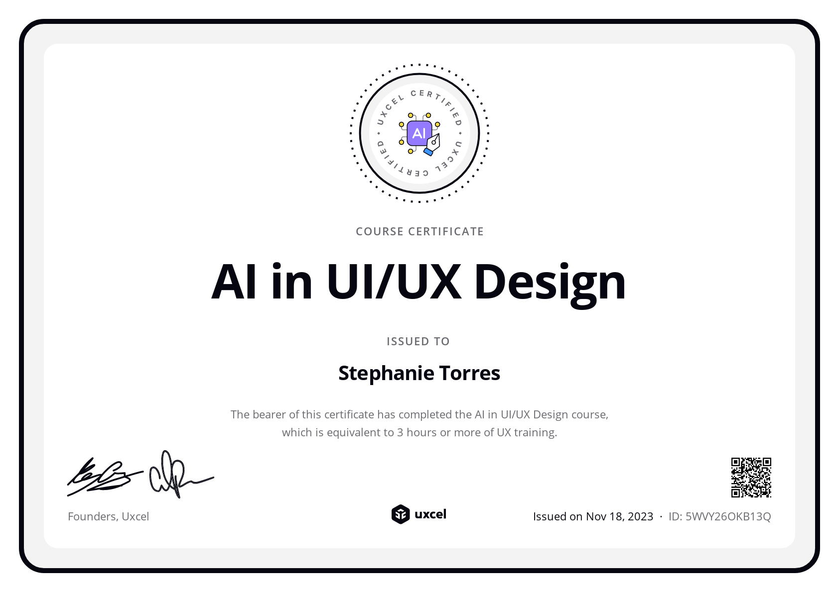 Stephanie Torres's certificate